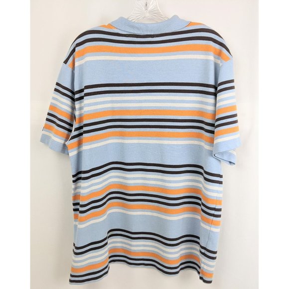 Vtg 1990s Bugle Boy Mens Blue Orange Brown White Striped Polo Henley Shirt Large - Picture 2 of 7